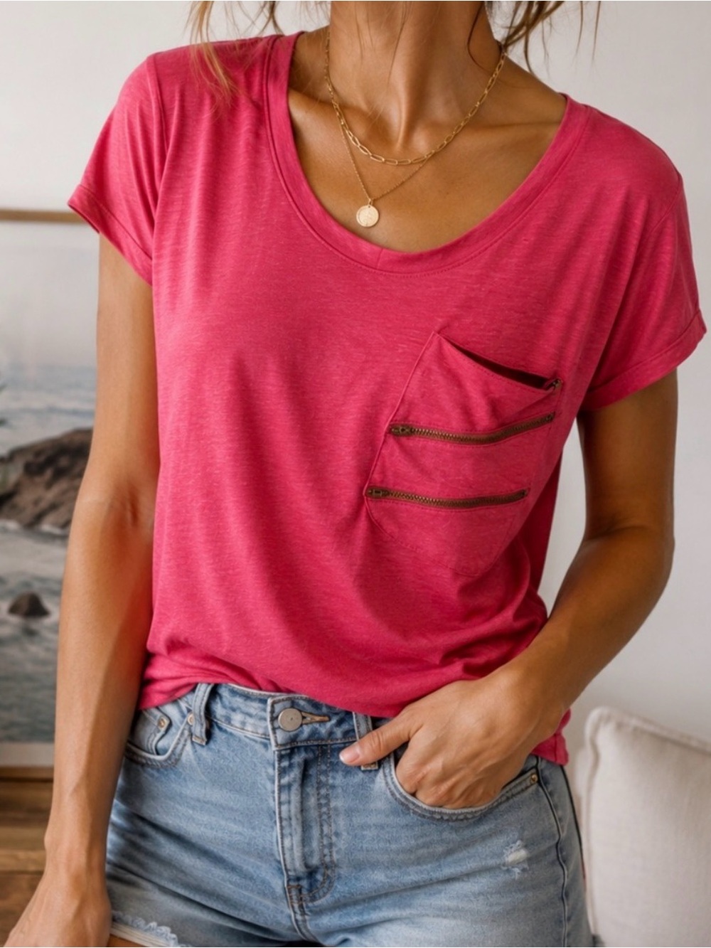 Nordstrom LNA Hot Pink Zip Pocket Soft Tee
